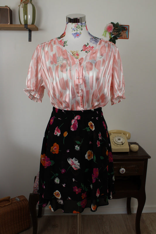 🌸🍒Blouse rétro rayée blanc satiné & demi-sphères roses pastel romantique - Taille 42/44🍒🌸