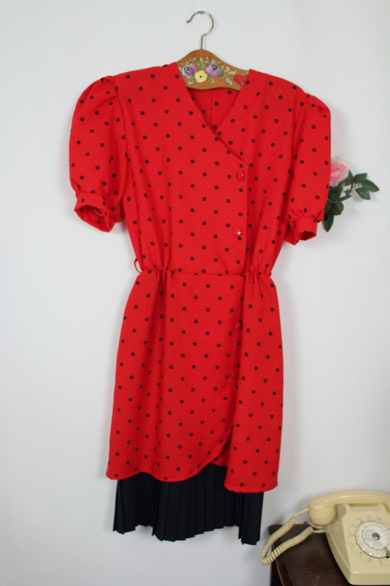 🌸🍒Robe vintage 80's rouge à pois - manches bouffantes & jupon intégré esprit 50's - Taille 38/40🍒🌸