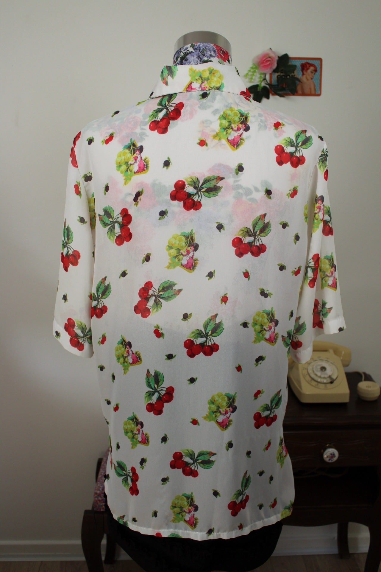 🌸🍒Chemise vintage 80/90's motifs fruits & anges romantique - Taille 38/40🍒🌸