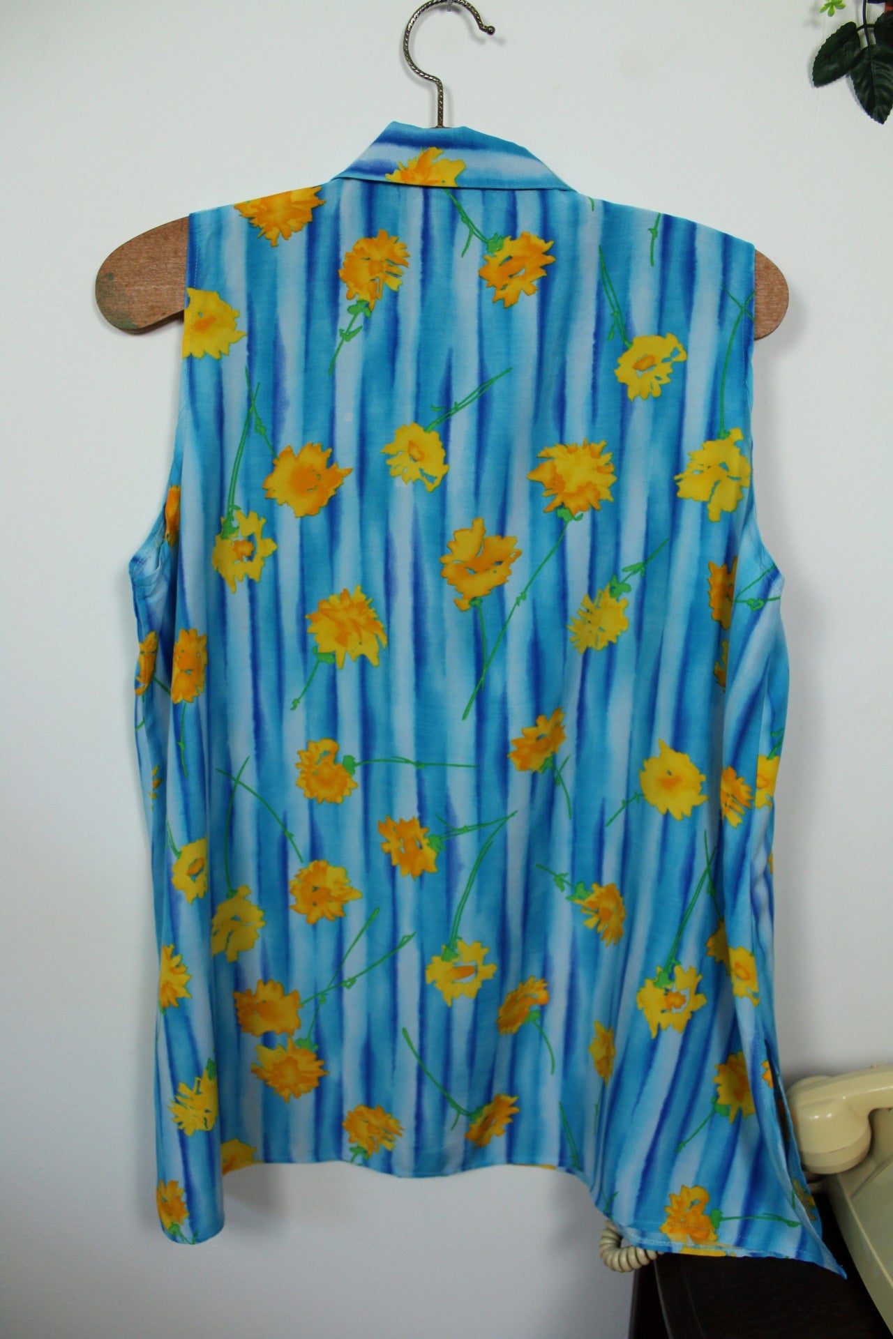 🌸🍒Chemisier d'été vintage 90's sans manches bleu & fleurs jaunes pep's - Taille 44🍒🌸
