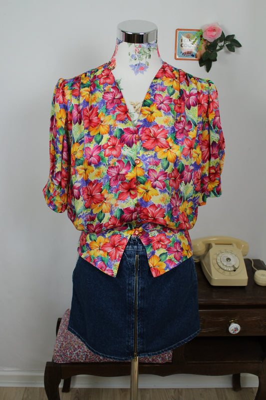 🌸🍒Blouse vintage 80/90s imprimée hibiscus tropical ultra colorée esprit Miami - Taille 38🍒🌸