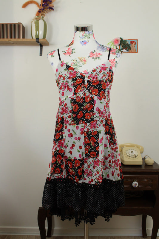 🌸🍒Robe patchwork cerises, coquelicots et pois - Patrice Bréal - Taille 38🍒🌸