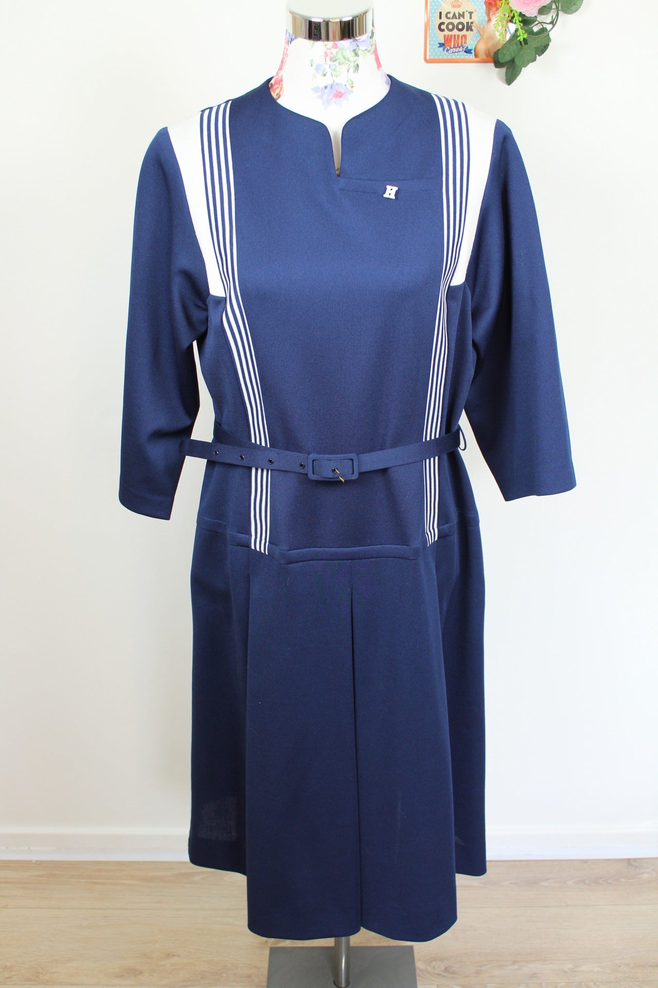 🌸Robe vintage 70's bleu marine - style navy chic, col officier & ceinture assortie🍒