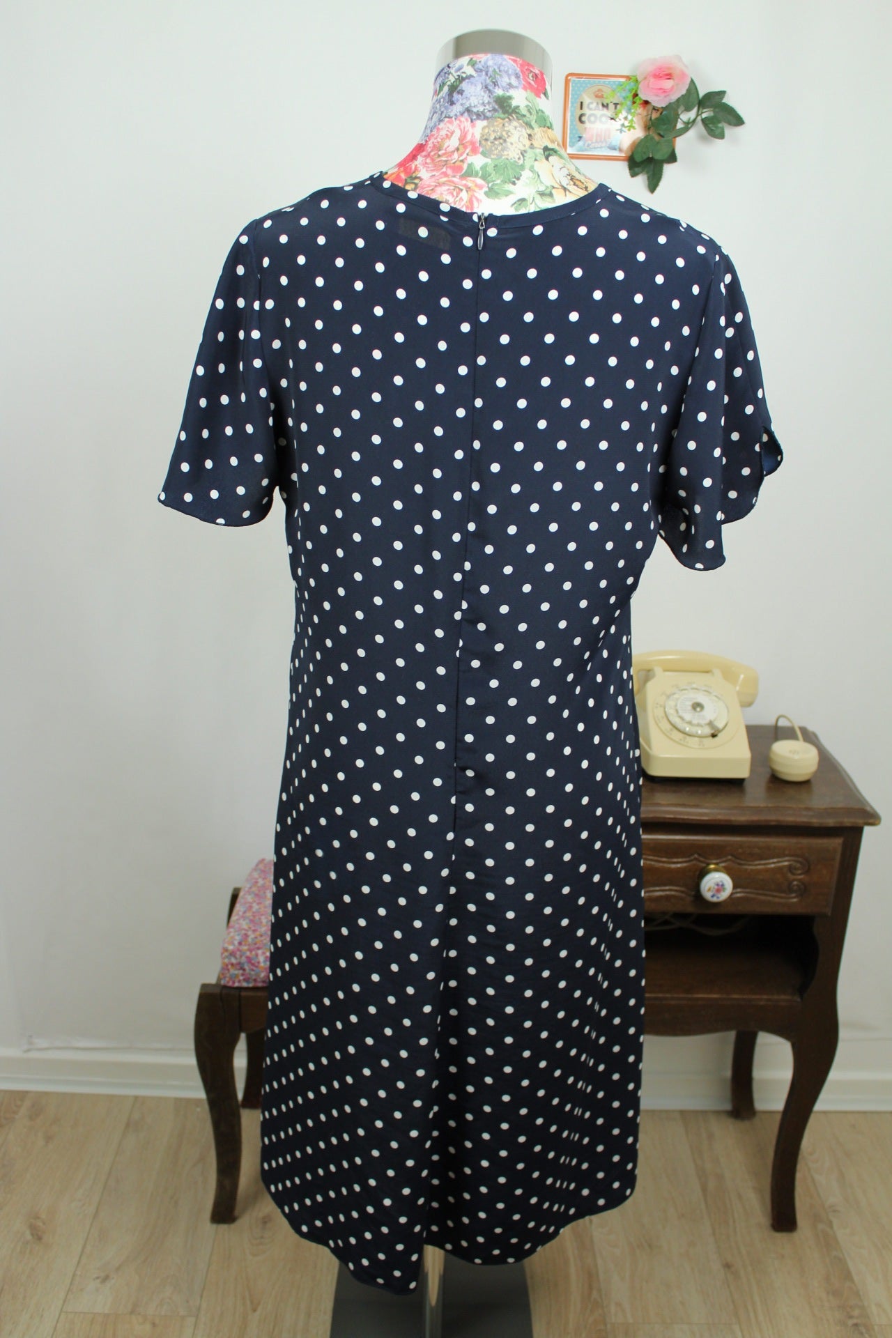 🌸🍒Robe vintage 80/90's marine à pois style pin-up/rockabilly - Taille 40🍒🌸