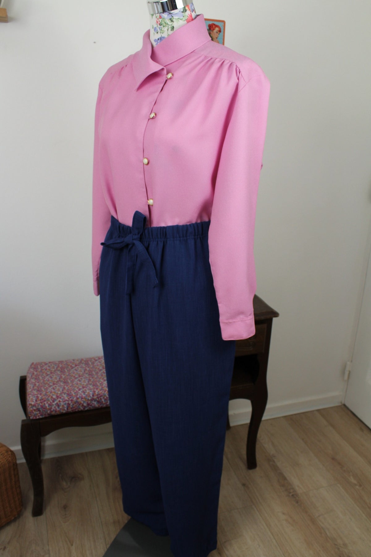 Pantalon vintage années 80/90 bleu profond - taille à nouer - Taille 44/46