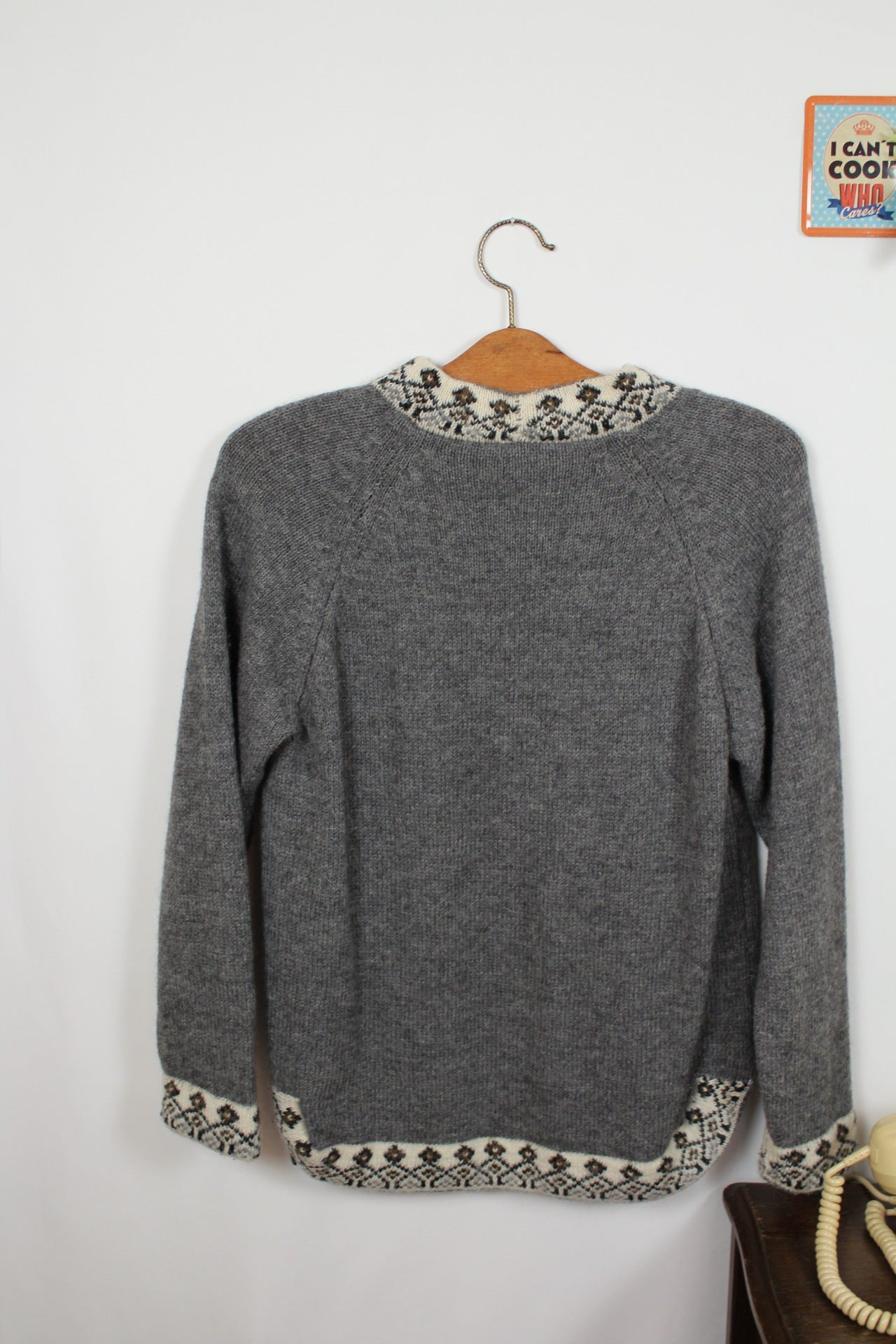 🌸🍒Pull vintage 80's gris motifs jacquard en laine angora - Taille 38🍒🌸