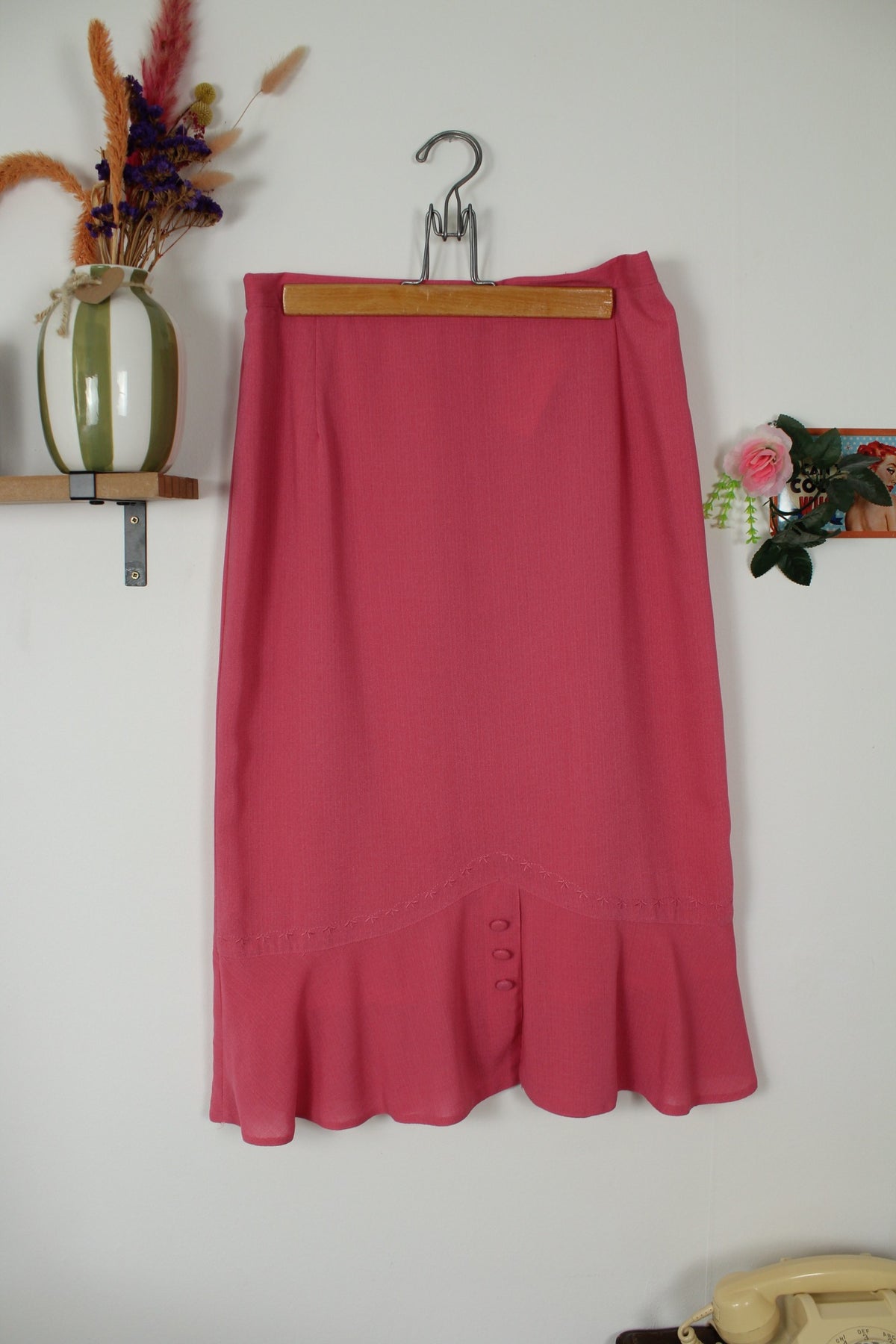 Jupe longue vintage années 80/90 Caty Jane - rose poudré, broderies & boutons - Taille 40/42
