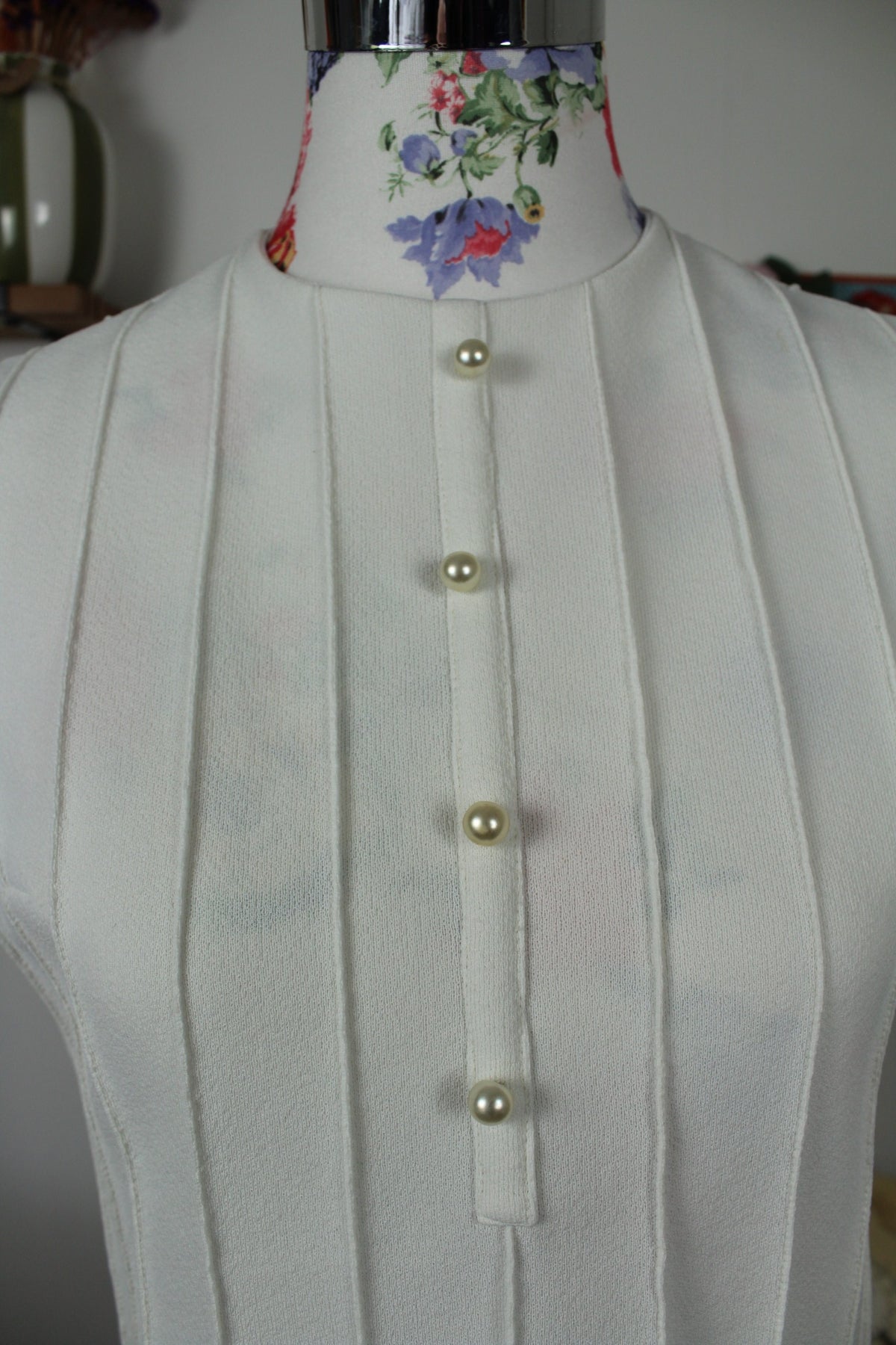 Robe preppy vintage années 60 blanche & marine chic - boutons nacrés - Taille 38