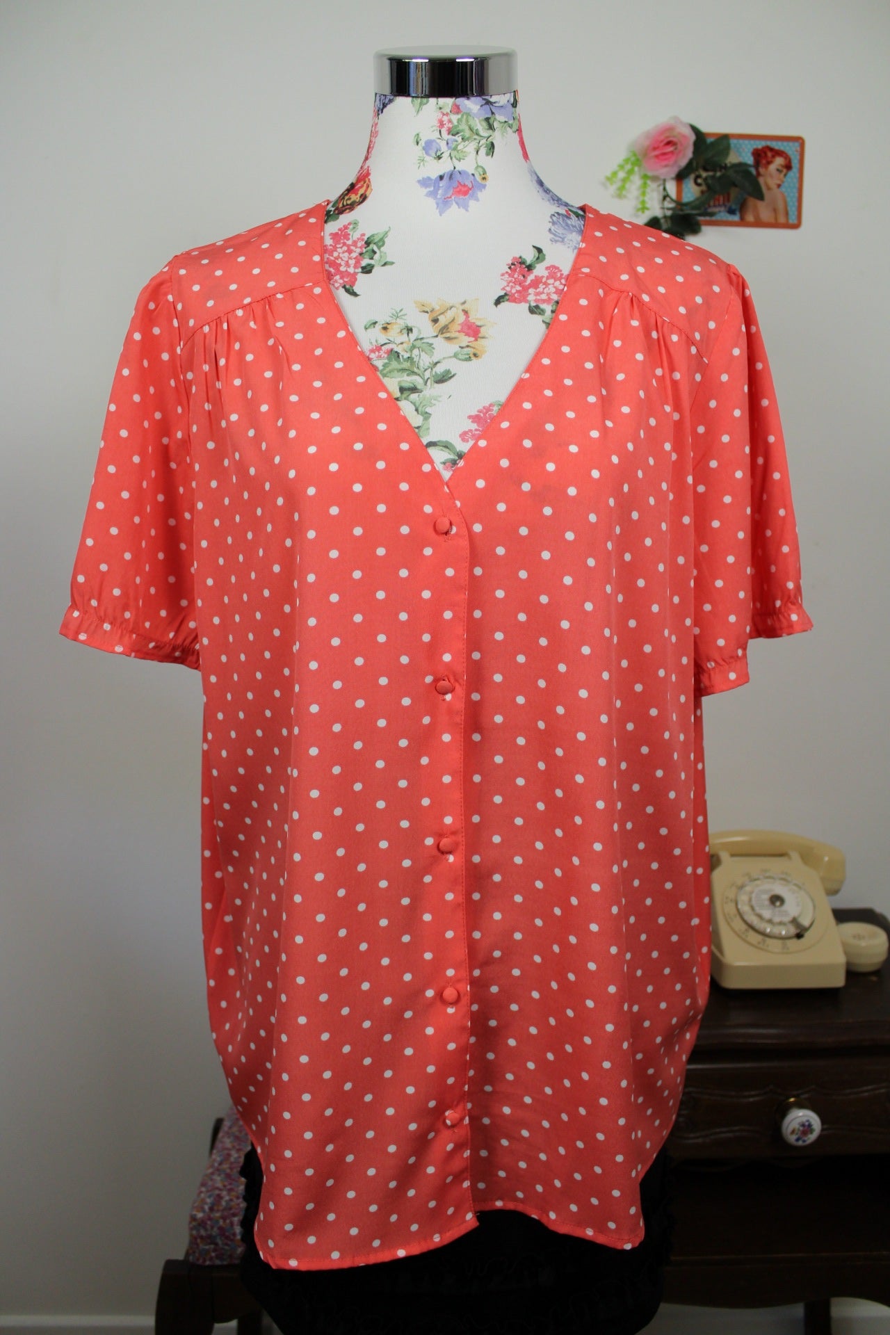 🌸🍒Blouse style rockabilly/pin-up rose corail à pois - Taille 44🍒🌸