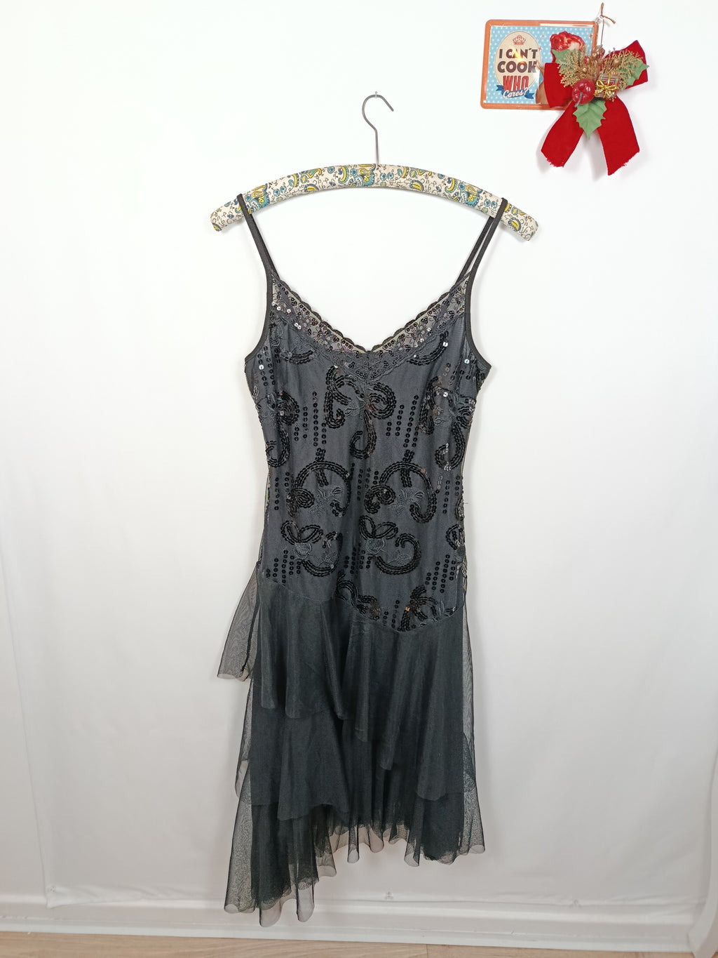 🎄Robe noire fluide à sequins asymétrique - robe de soirée style cabaret glam 🎄