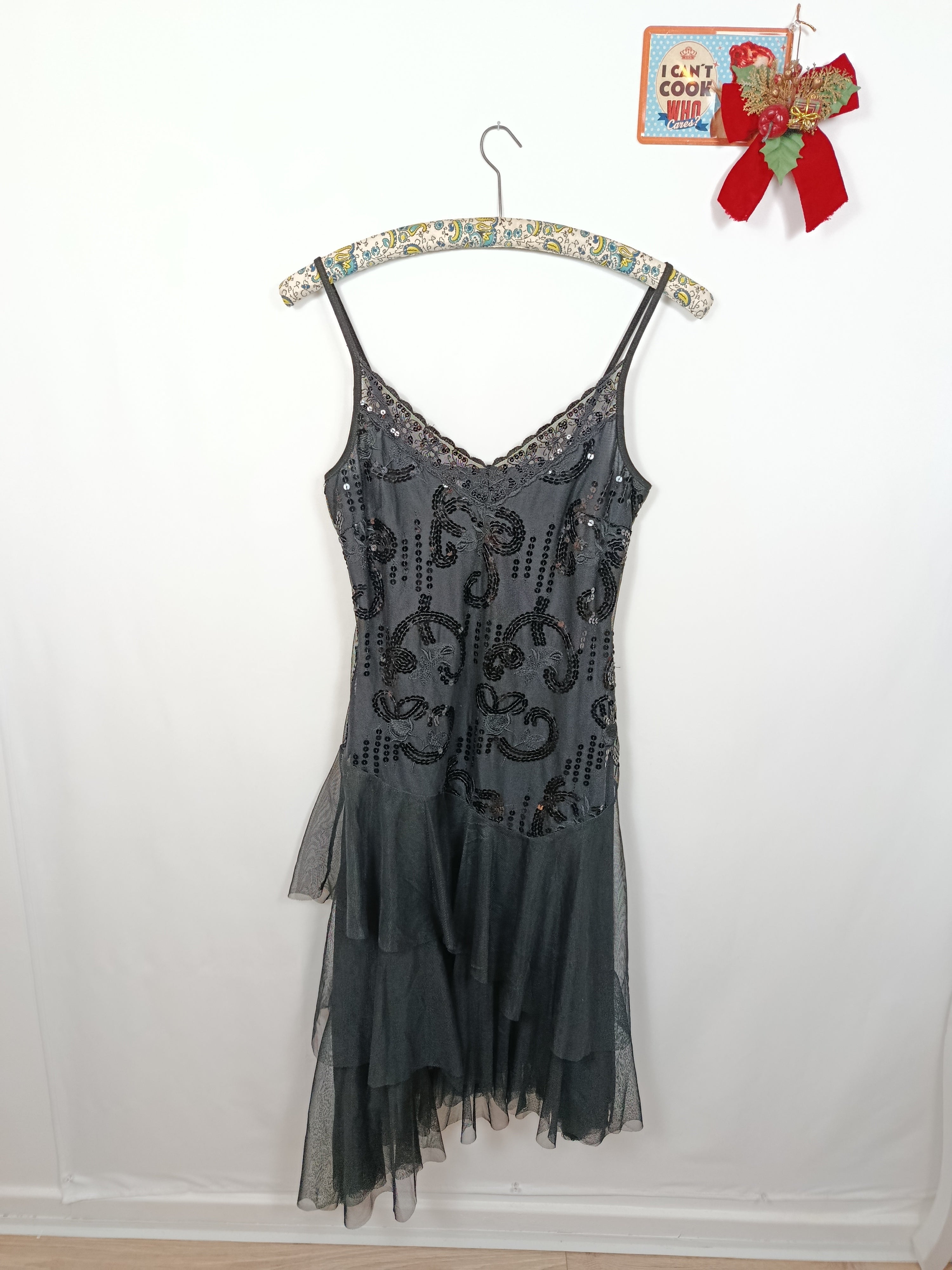 🎄Robe noire fluide à sequins asymétrique - robe de soirée style cabaret glam 🎄