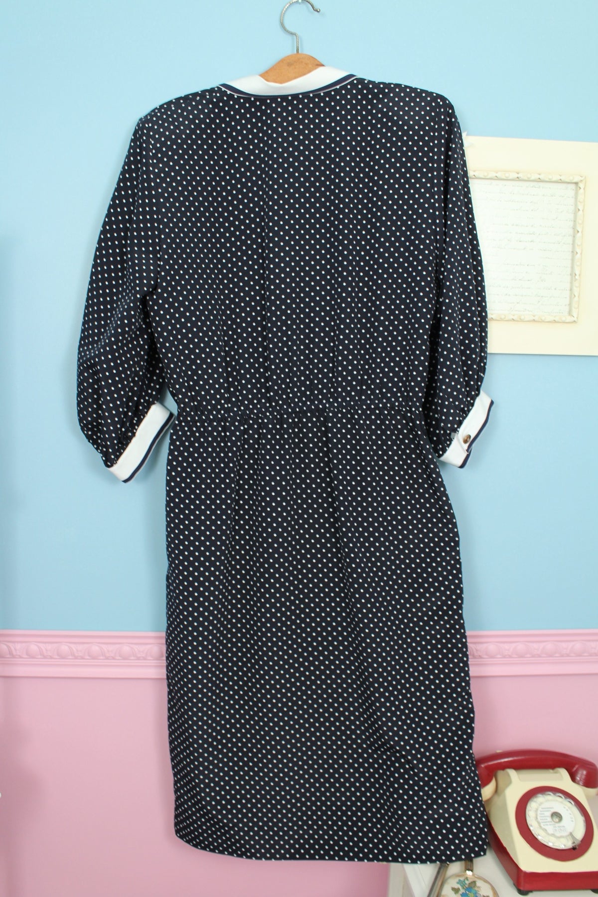 Robe années 80 bleu marine à pois pin-up Navy preppy vintage - Taille 40/42