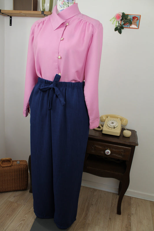 Pantalon vintage années 80/90 bleu profond - taille à nouer - Taille 44/46