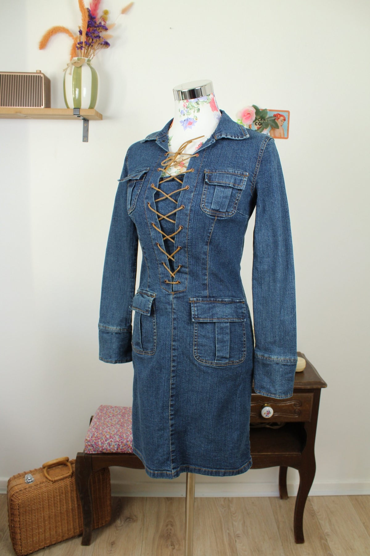 Robe vintage années 90 en jean & laçage marron - Taille 36