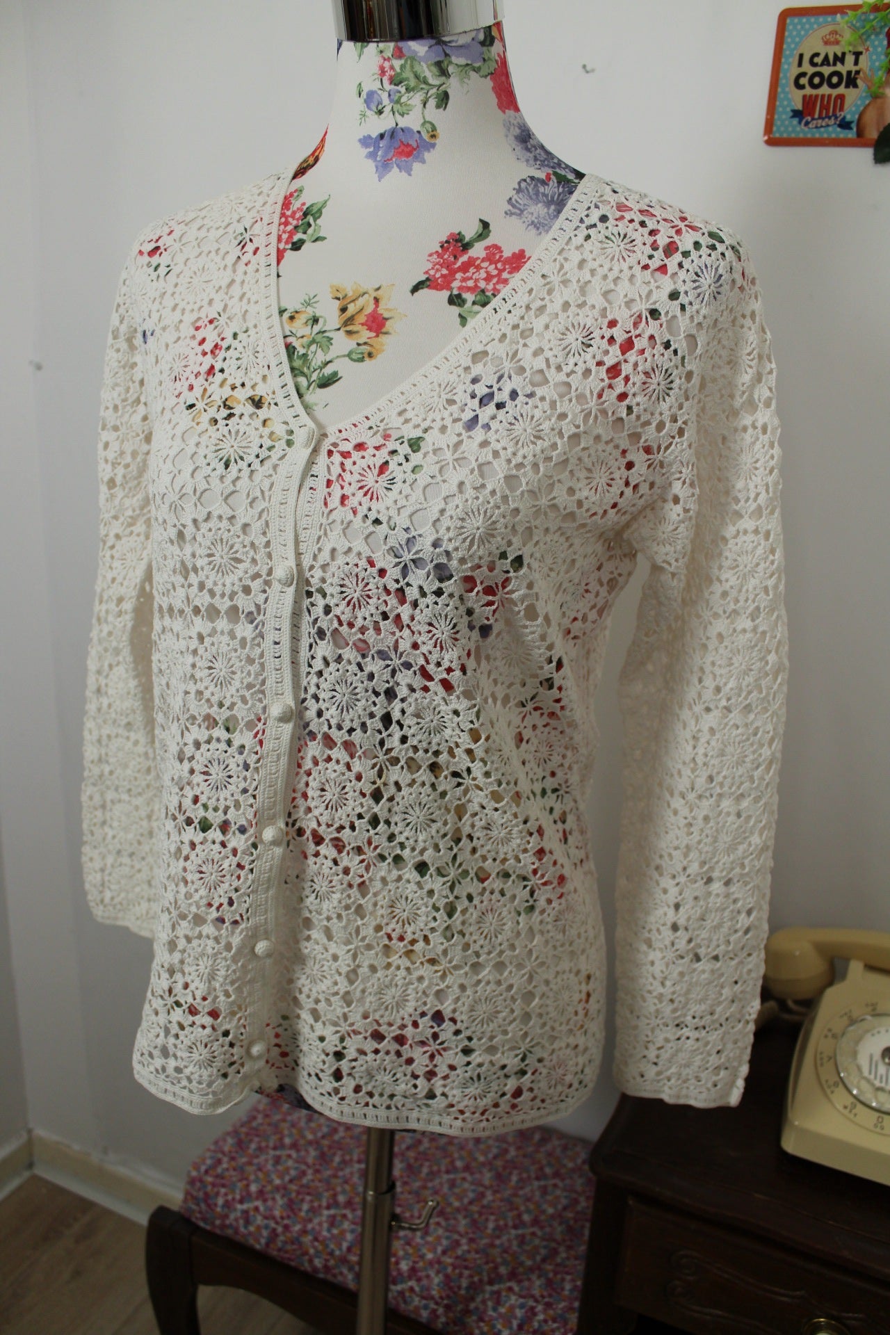 🍒🌸Gilet vintage 90's en crochet blanc fleuri ajouré - taille 38🌸🍒
