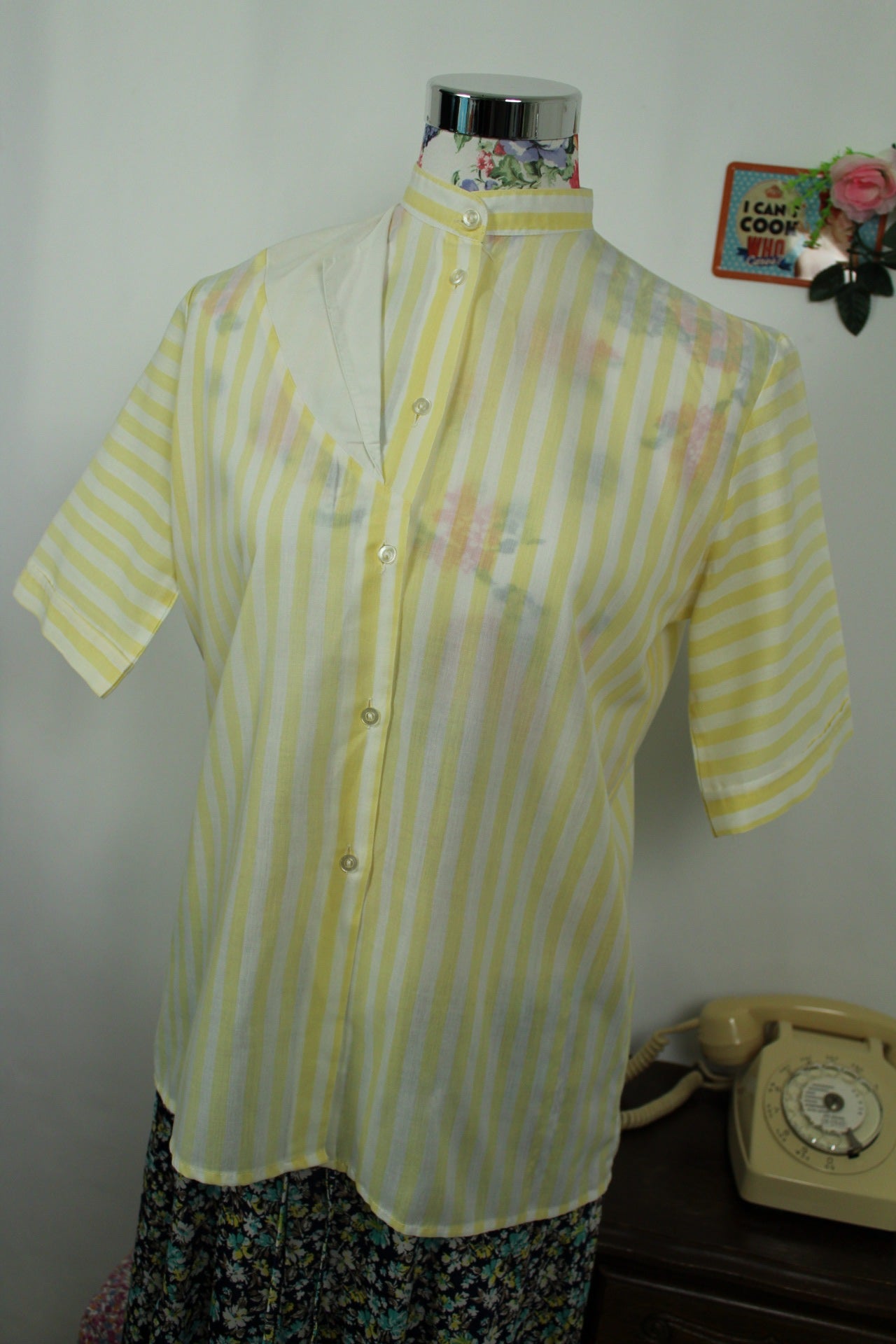 🌸🍒Chemisier jaune rayé vintage 80's col officier - T.38 ou petit 40🍒🌸