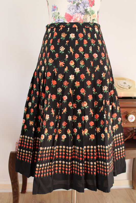 🌸🍒Jupe plissée vintage 70's romantique oiseaux & fleurs - Taille 36🍒🌸