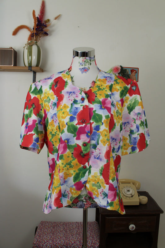 Blouse vintage années 80 fleurie ultra colorée - Taille 40/42