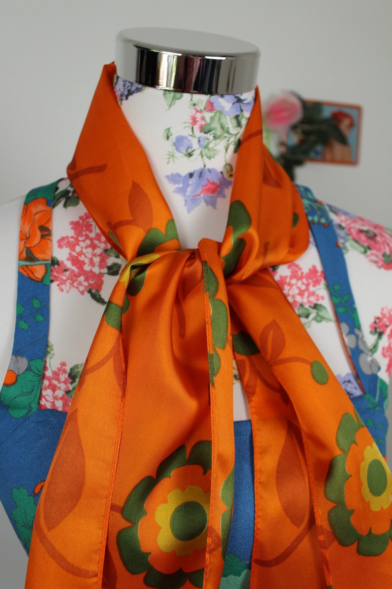 🌸🍒Foulard vintage 70's orange pep's & fleurs géométriques psychédéliques 🍒🌸
