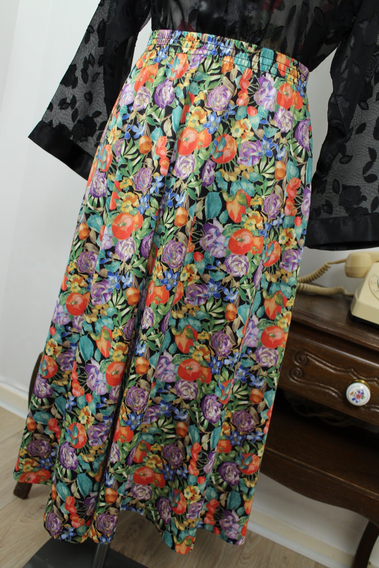 🌸🍒Jupe plissée vintage 80's fleurs & fruits Damart - Taille 44 à 48🍒🌸