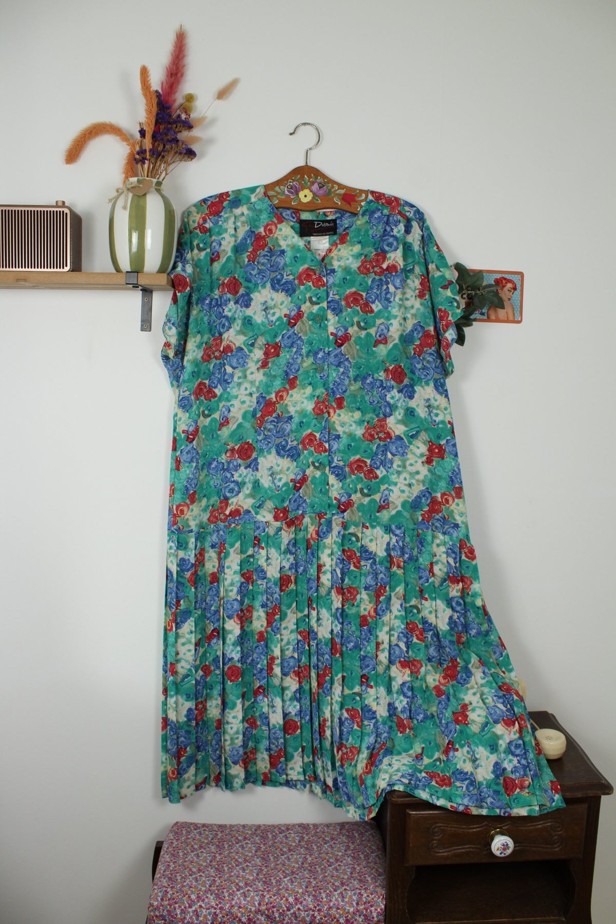 Robe vintage années 80 imprimée de roses abstraites - taille 48