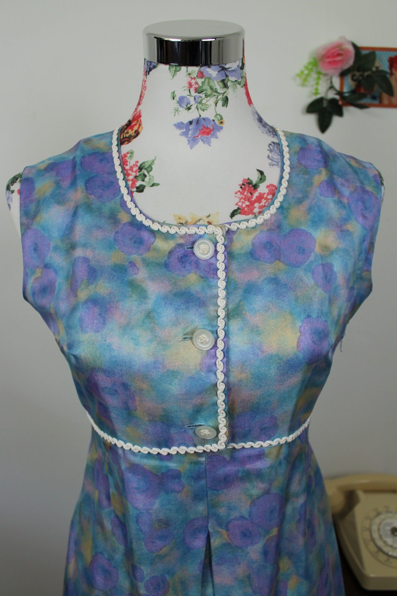 🌸🍒Robe vintage 60's fleurie aquarelle satinée - Taille 36🍒🌸