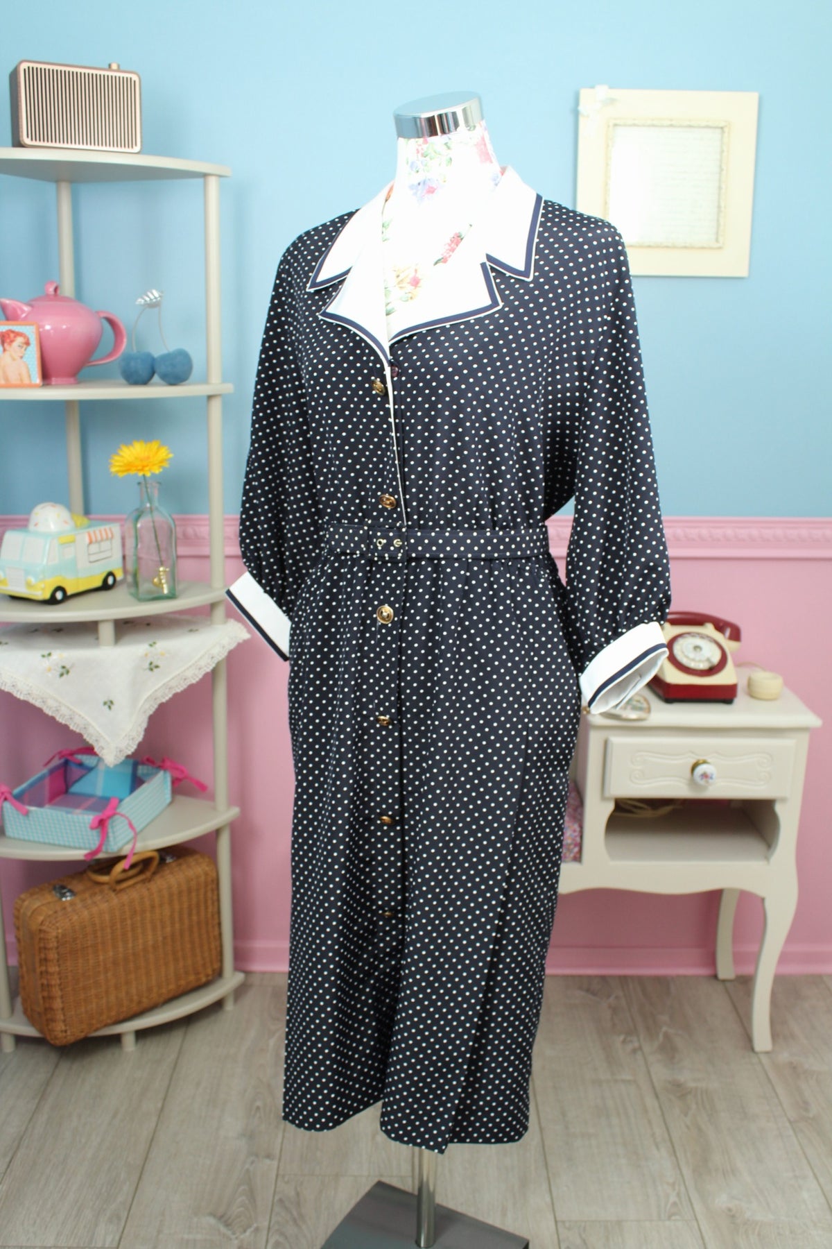 Robe années 80 bleu marine à pois pin-up Navy preppy vintage - Taille 40/42