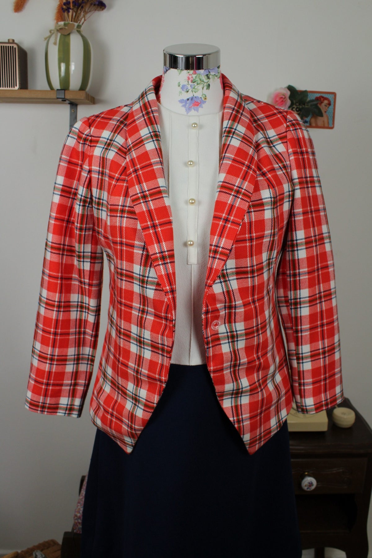 Veste vintage années 80 carreaux tartan rouge & blanc - à deux pans pointus - Taille 38