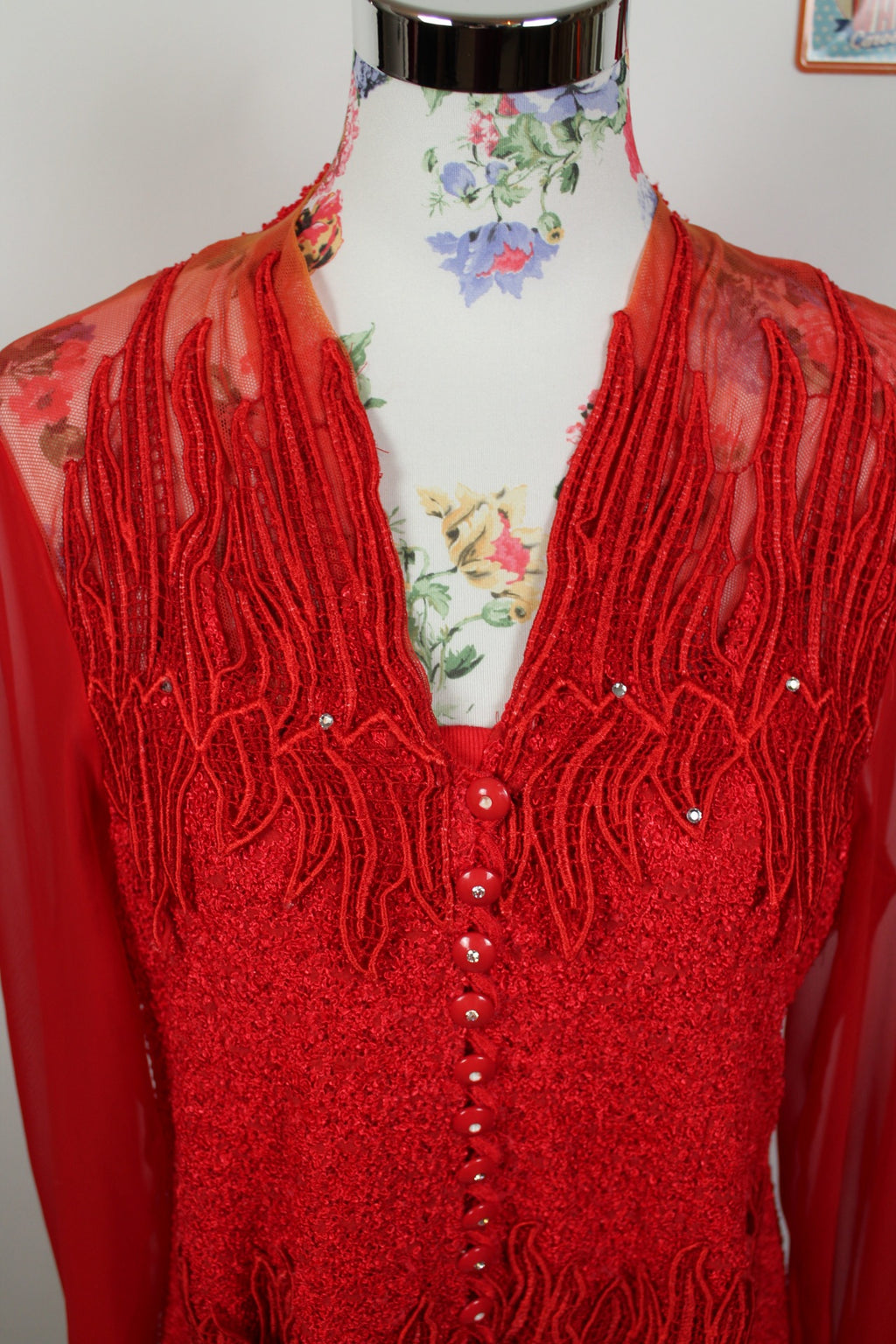 🎄Blouse rouge festive vintage 90's - dentelle, strass & manches transparentes - Look Noël glamour🎄