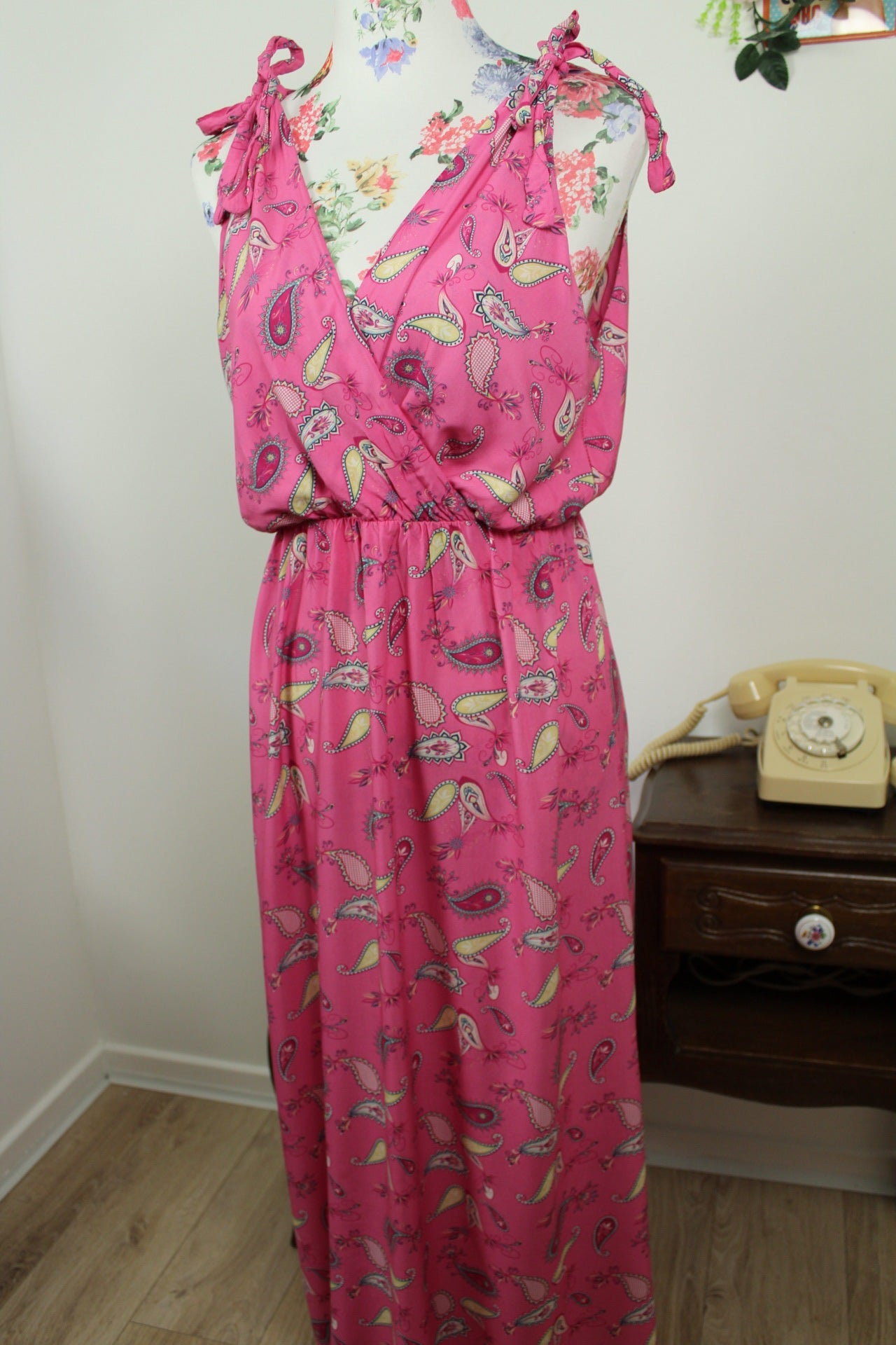 🌸🍒Robe longue d'été rose pep's motifs paisley - made in Italy - Taille 40🍒🌸
