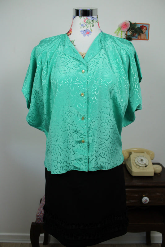 🌸🍒Blouse vintage 80's vert lumineux floral & manches chauve-souris - Taille 38/40🍒🌸