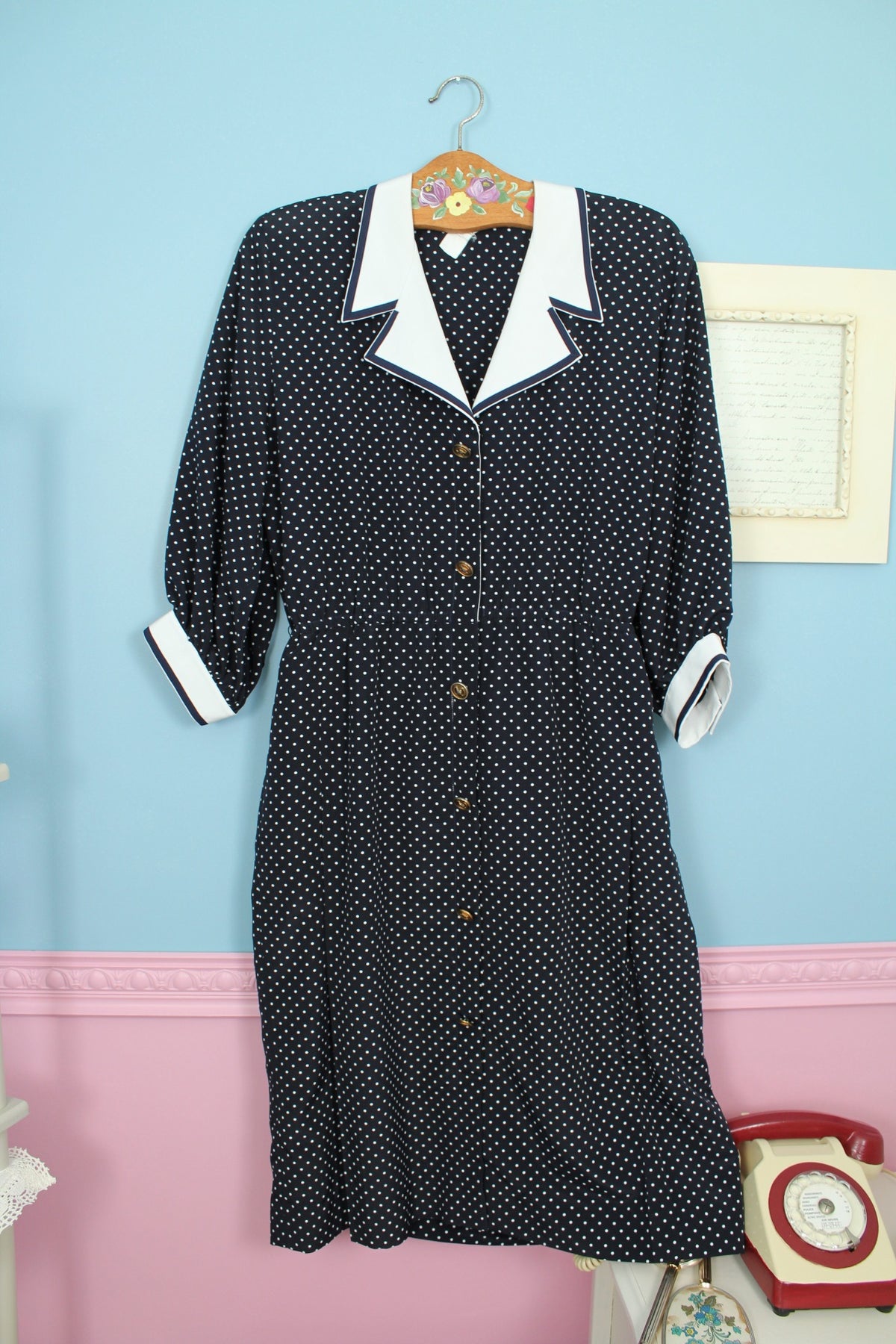 Robe années 80 bleu marine à pois pin-up Navy preppy vintage - Taille 40/42