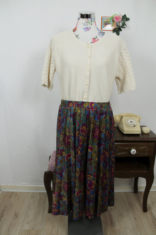 🍒🌸Jupe vintage 80's plissée motifs baroques psychédéliques floraux - Taille 42/44🌸🍒