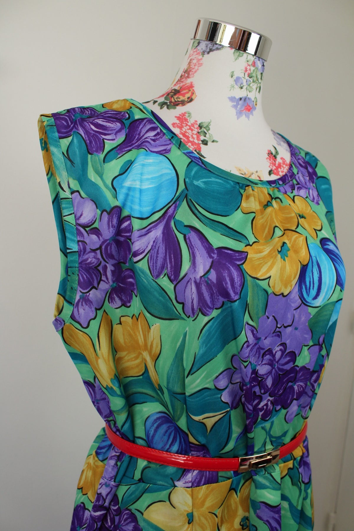 🌸🍒Robe vintage années 80/90 vert lumineux, fleurs & kiwi - Taille 44 à 48🍒🌸