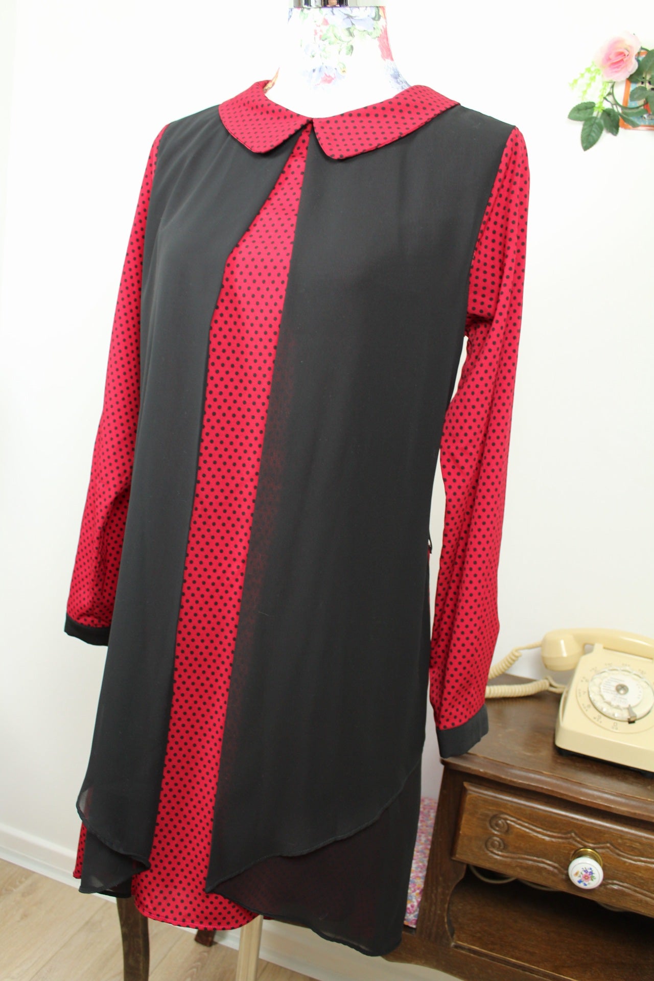 🍒🌸Robe vintage 80's pois rouge & noir - col claudine style pin-up rockabilly - Taille 38/40🌸🍒