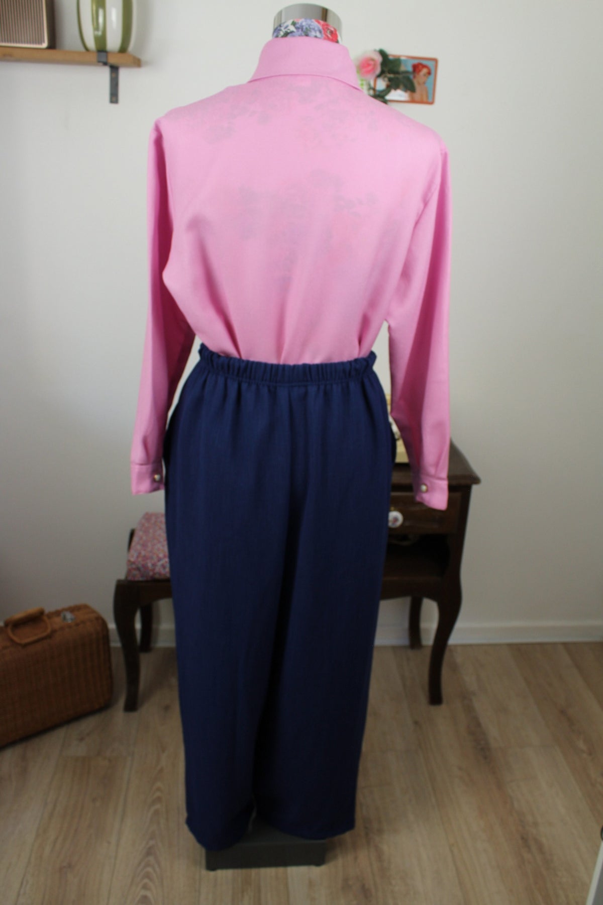 Pantalon vintage années 80/90 bleu profond - taille à nouer - Taille 44/46