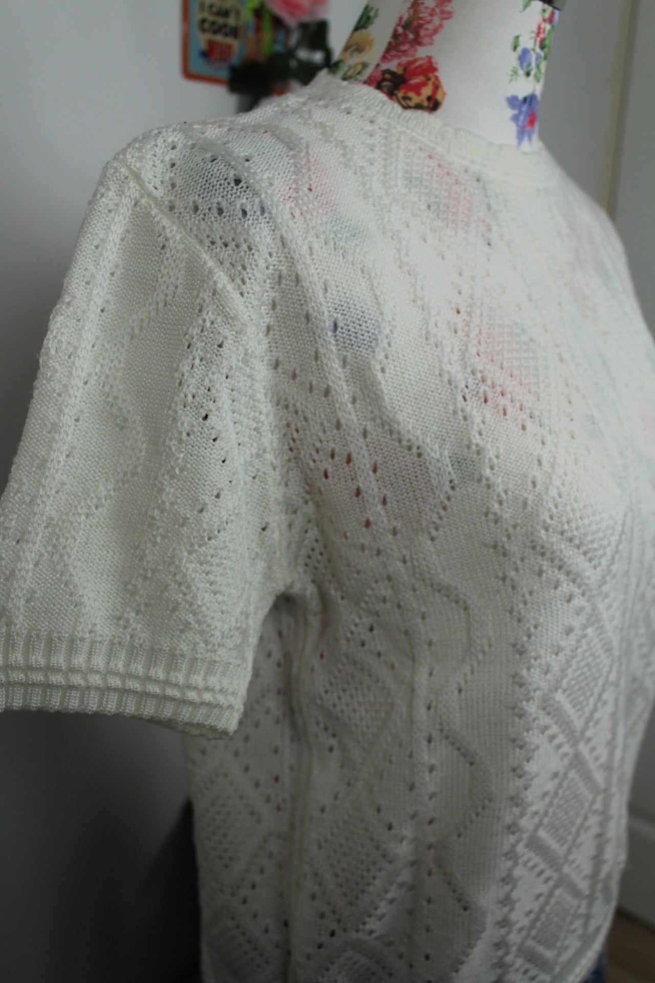 🌸🍒Pull blanc vintage 90's ajouré manches courtes - made in France - Taille 40/42🍒🌸