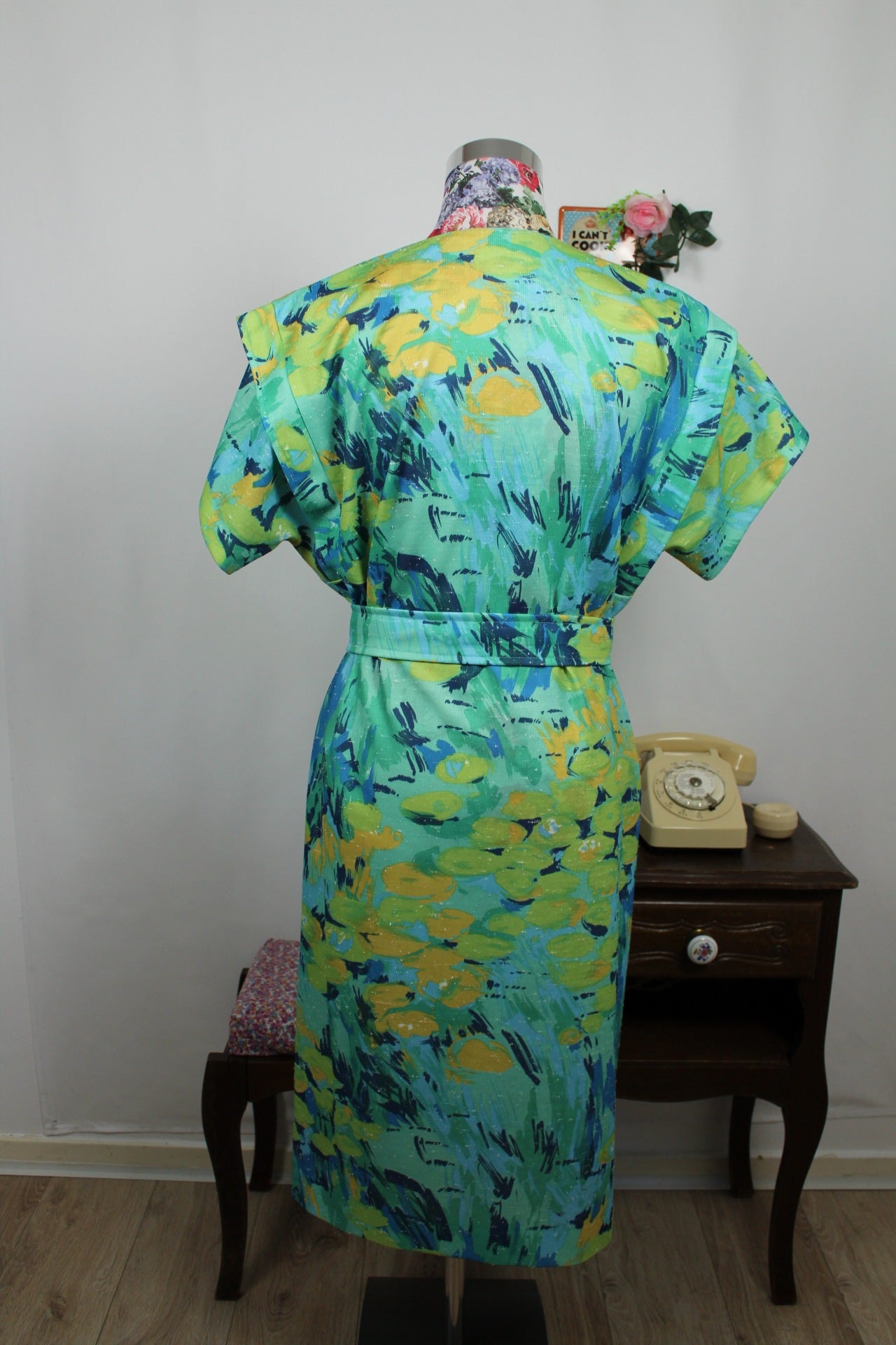 🌸🍒Robe verte vintage 80's arty esprit coups de pinceau Picasso et ceinture - Taille 42/44🍒🌸