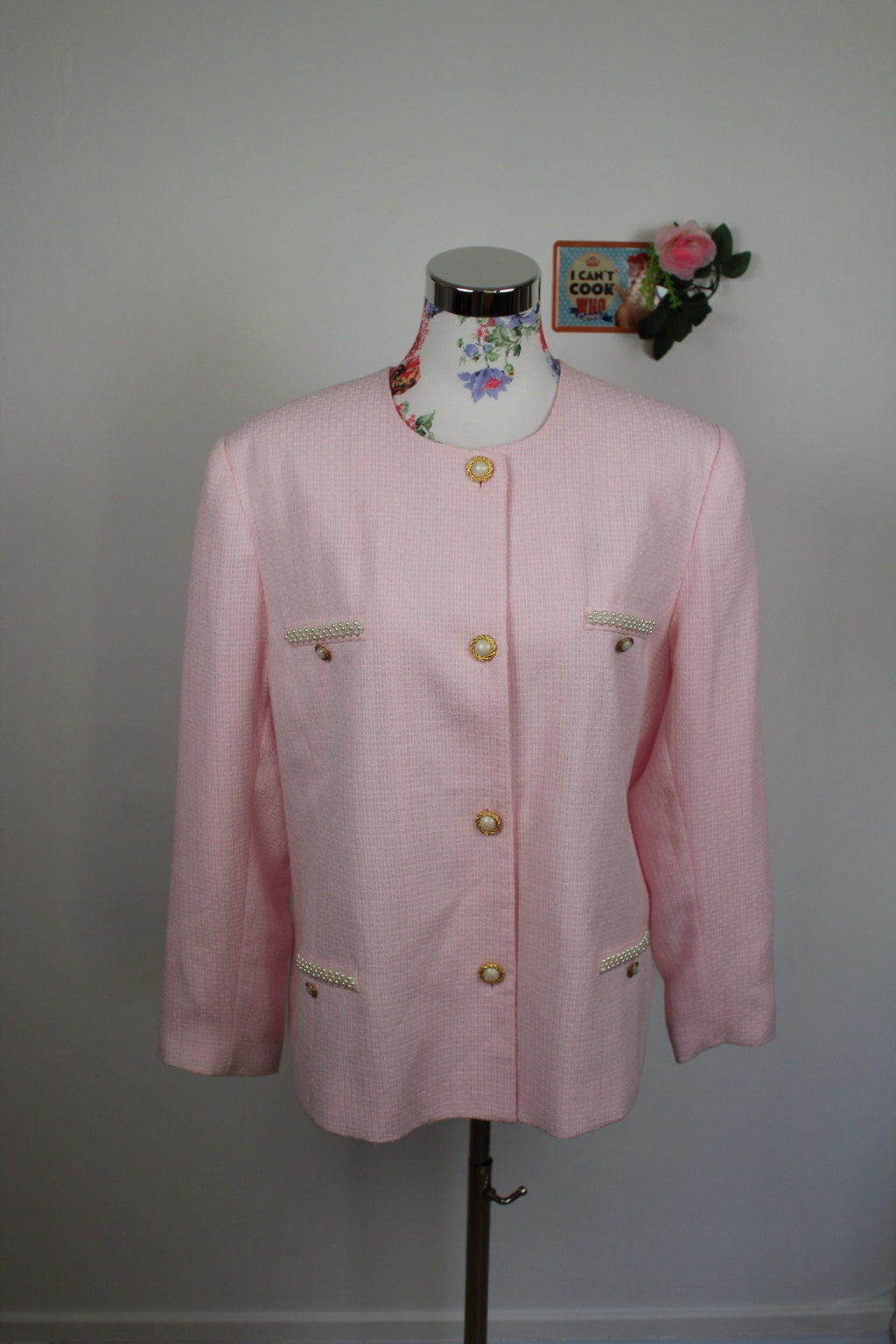 🌸 Ensemble jupe + veste preppy vintage 80's rose poudré - perles nacrées & boutons dorés🍒