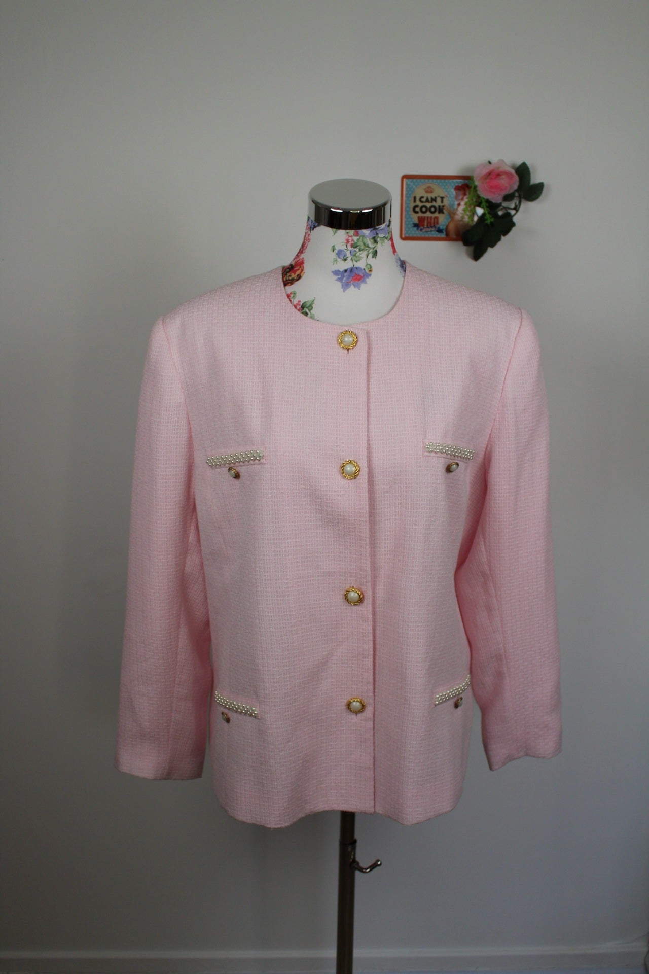 🌸 Ensemble jupe + veste preppy vintage 80's rose poudré - perles nacrées & boutons dorés🍒