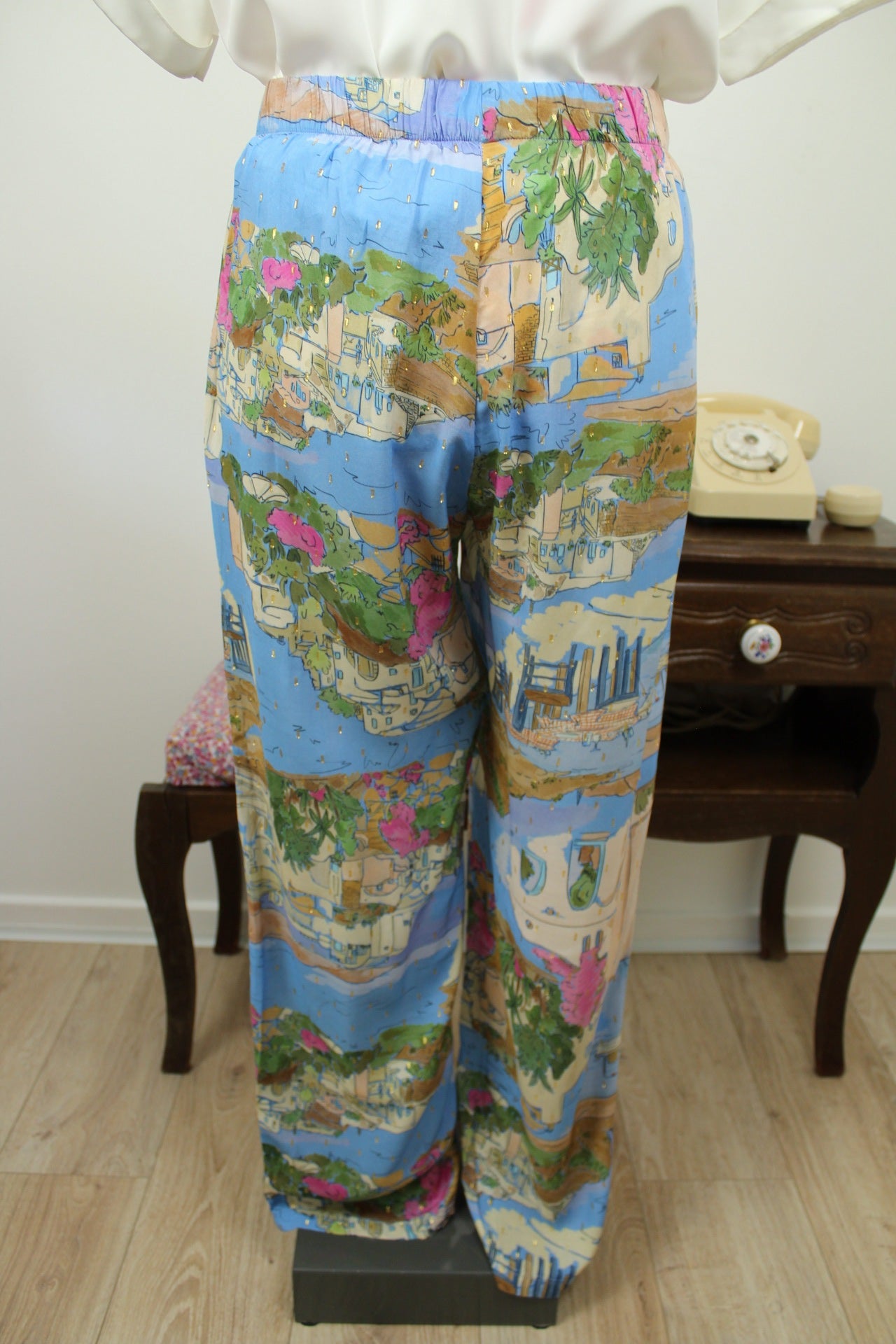 🌸🍒Pantalon fluide paysage de vacances - villages blancs & bord de mer - T.38🍒🌸