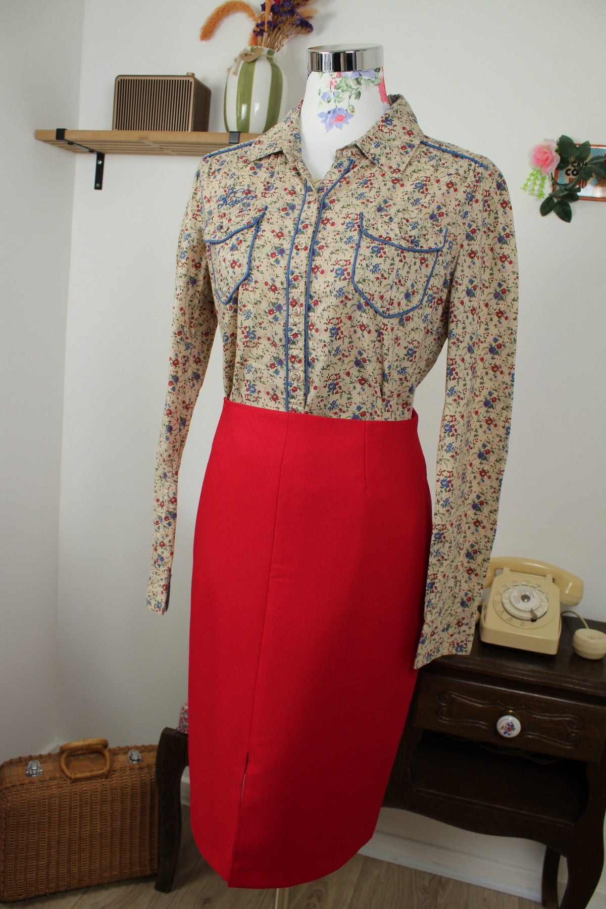 Jupe crayon vintage années 80 rouge vif - pin-up/rockabilly- Taille 38
