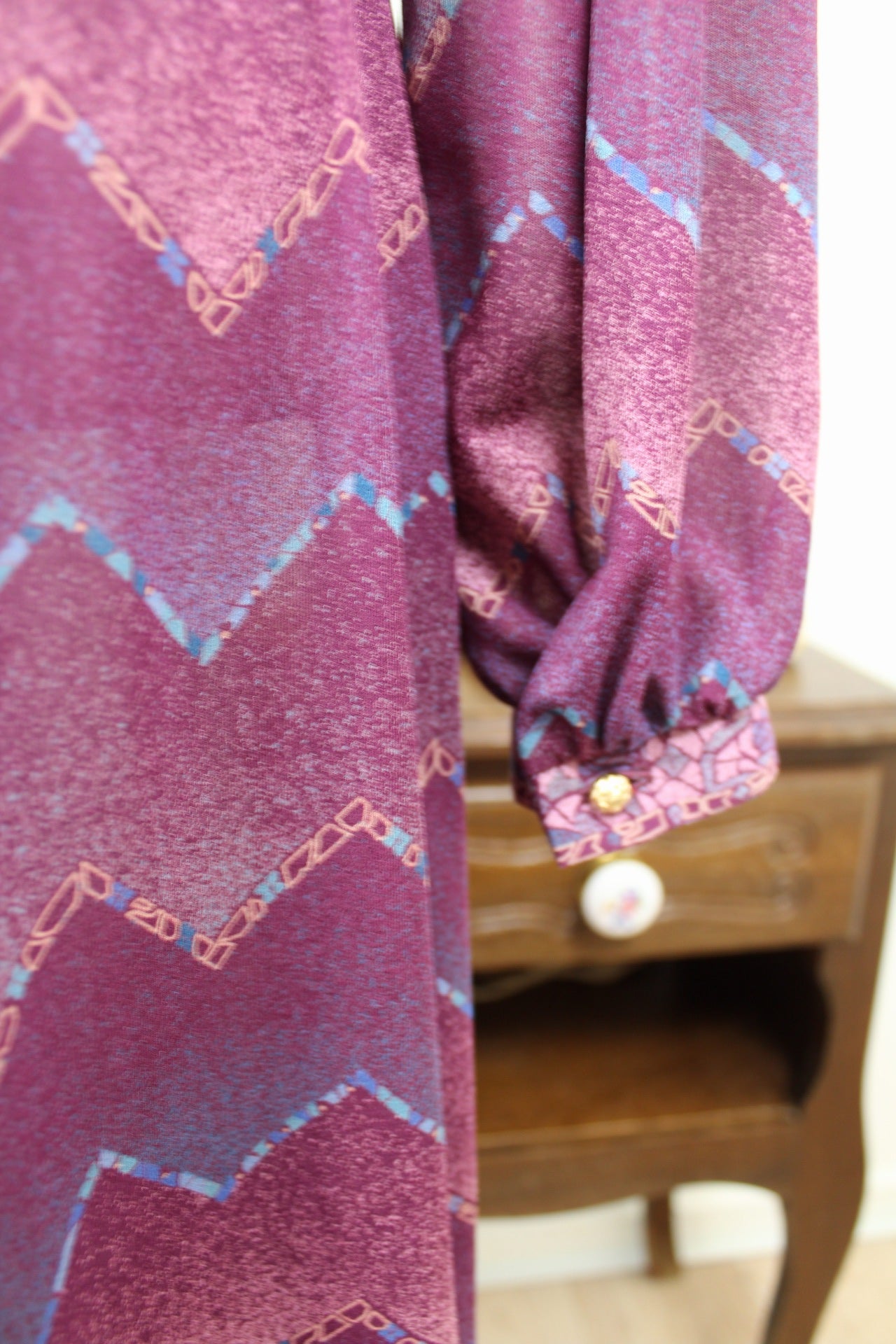🌸🍒Robe vintage 70/80's violette zig zag preppy chic col lavallière - Taille 38/40🍒🌸