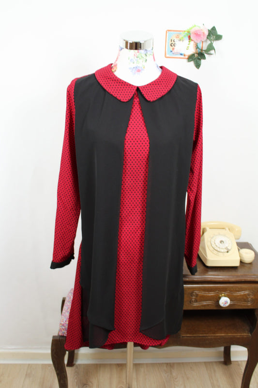 🍒🌸Robe vintage 80's pois rouge & noir - col claudine style pin-up rockabilly - Taille 38/40🌸🍒