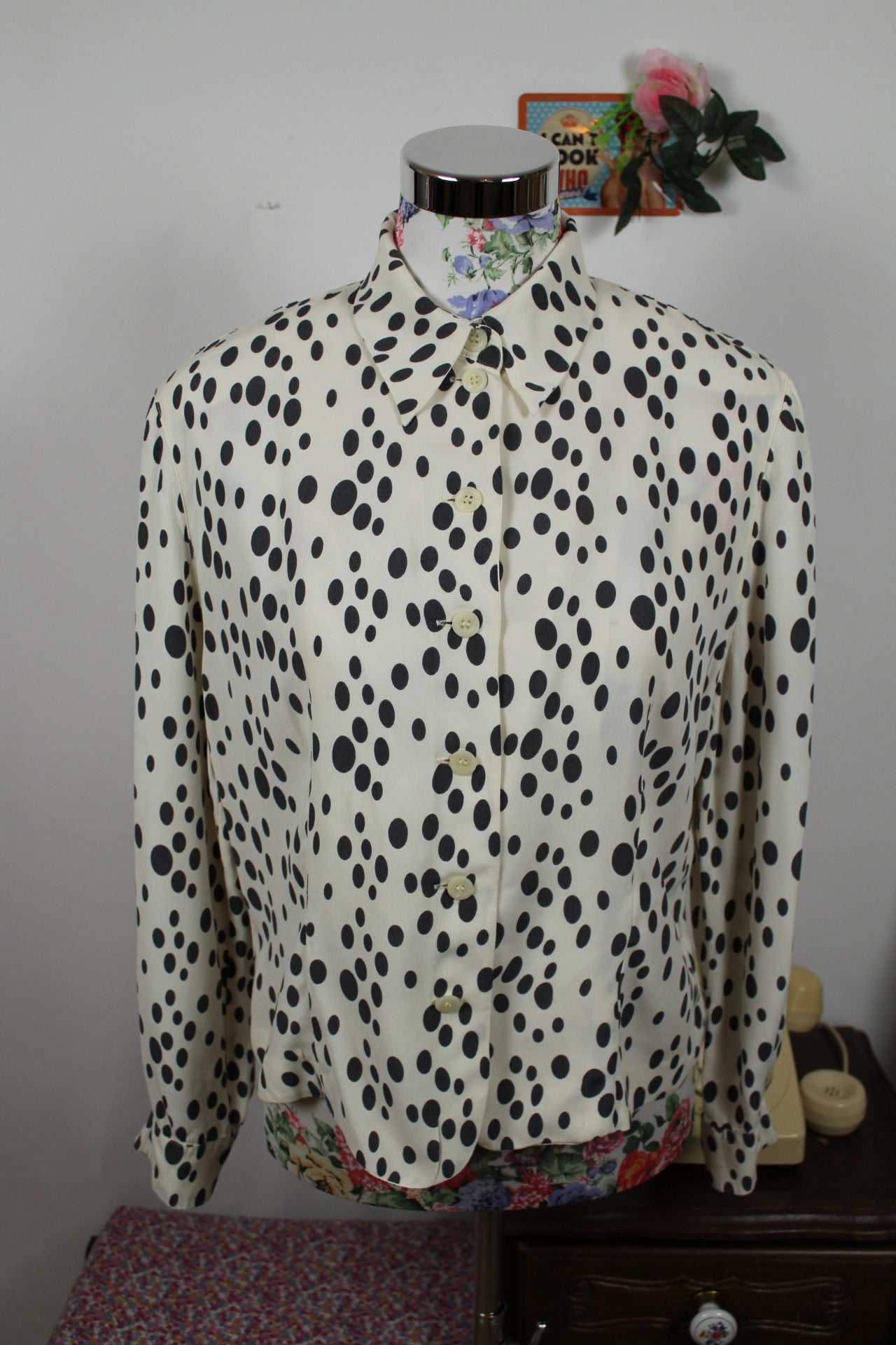 🌸🍒Chemise vintage Betty Barclay 80/90's - blanc écru & pois noir - Taille 40/42🍒🌸