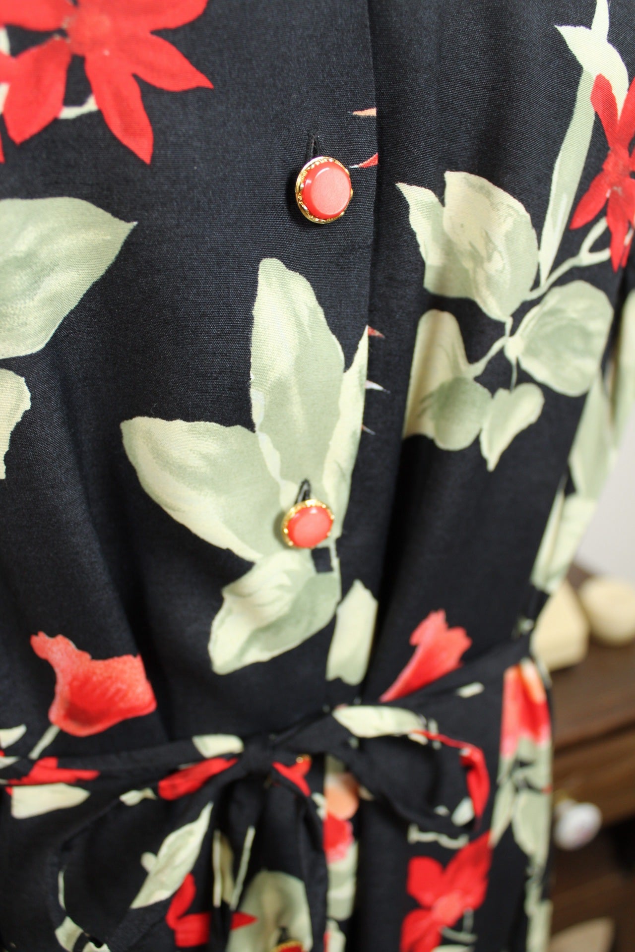 🌸🍒Robe longue vintage 90's noire & fleurs rouges romantiques - Taille 48/50🍒🌸
