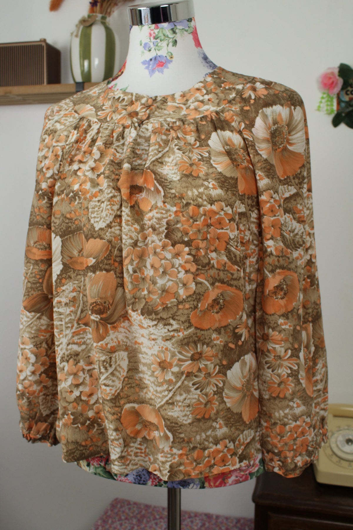 Blouse vintage années 70 esprit tapisserie de fleurs automnales - Taille 38/40