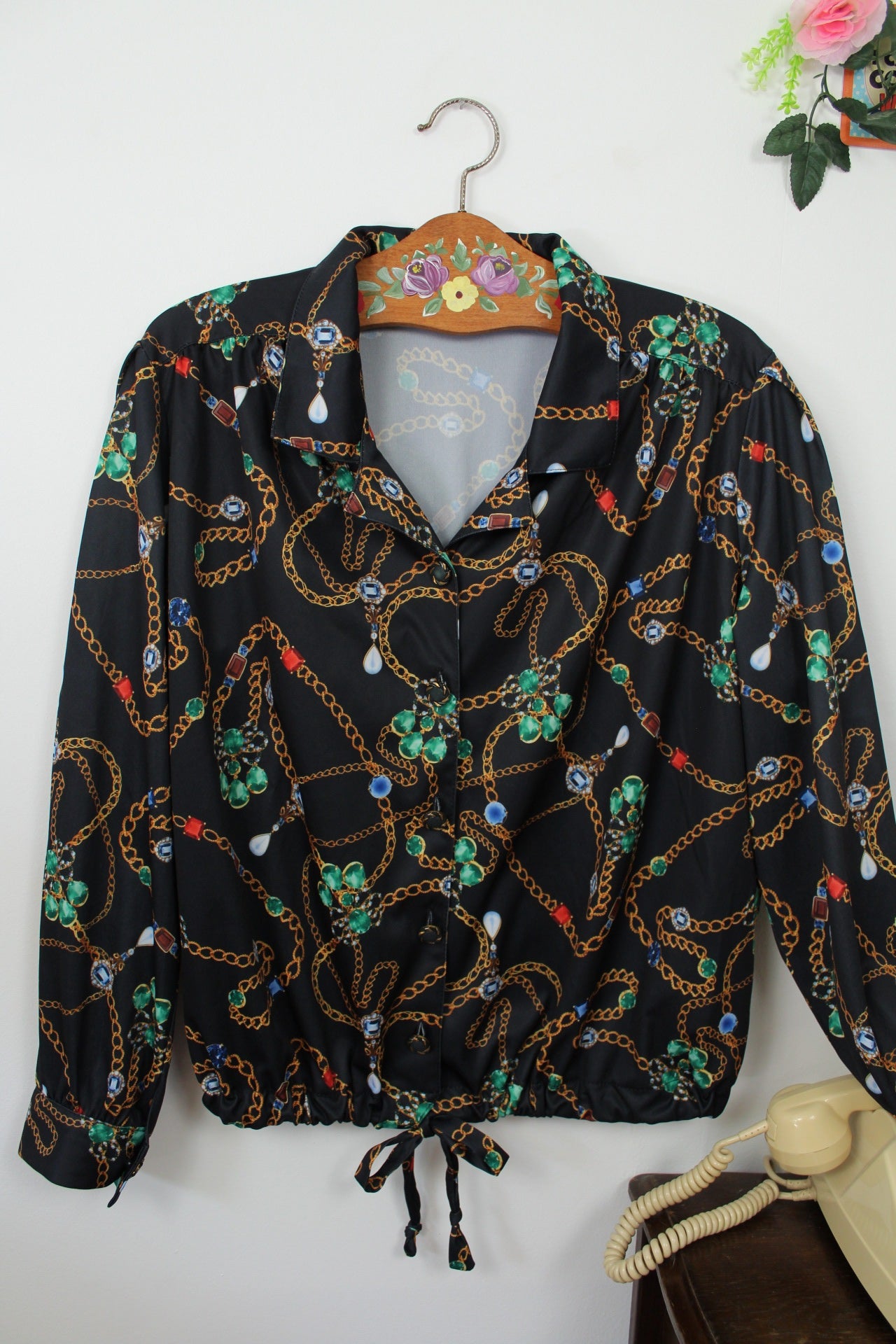 🌸🍒Blouse vintage 80/90s chaîne & bijoux col chemise - Afibel - Taille 44/46🍒🌸