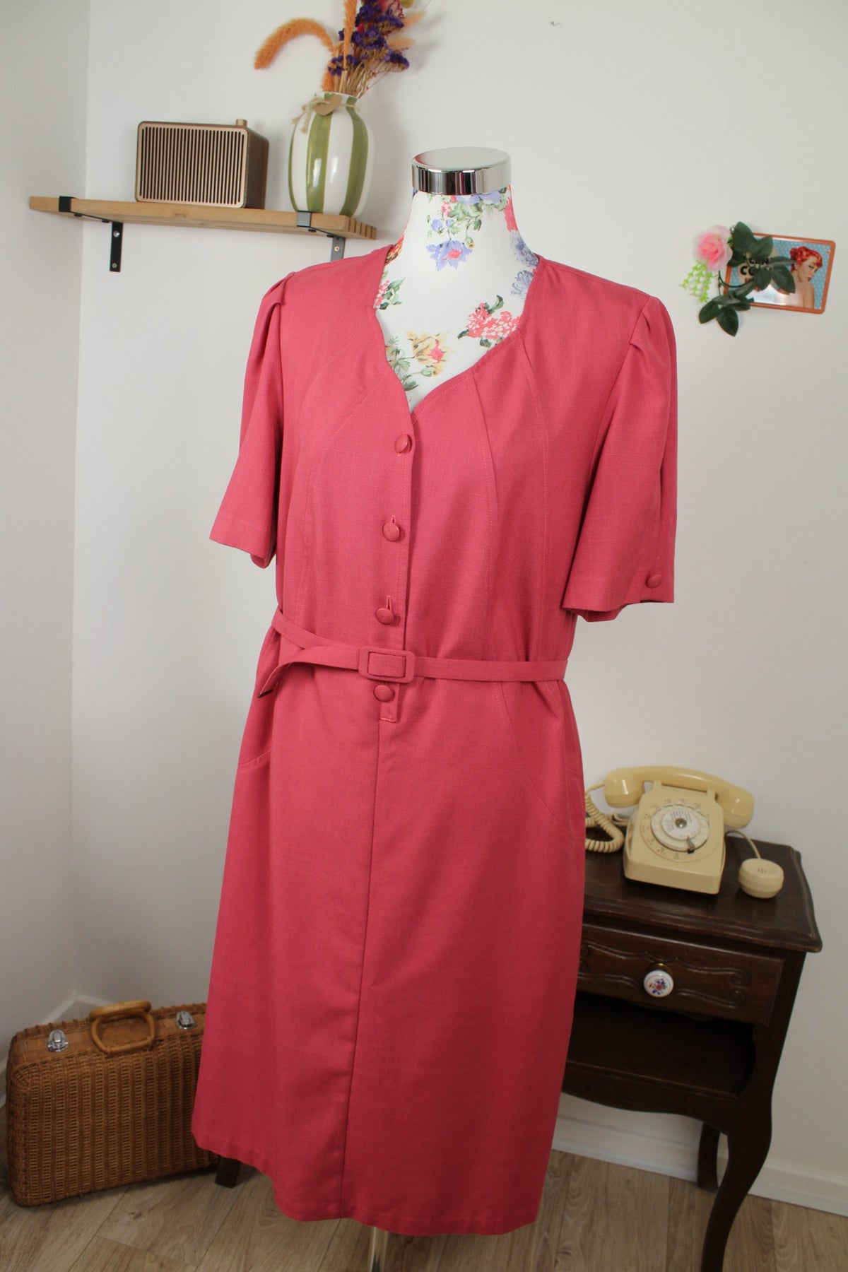 Robe vintage années 80 rose poudré coupe ceinturée - Taille 40/42