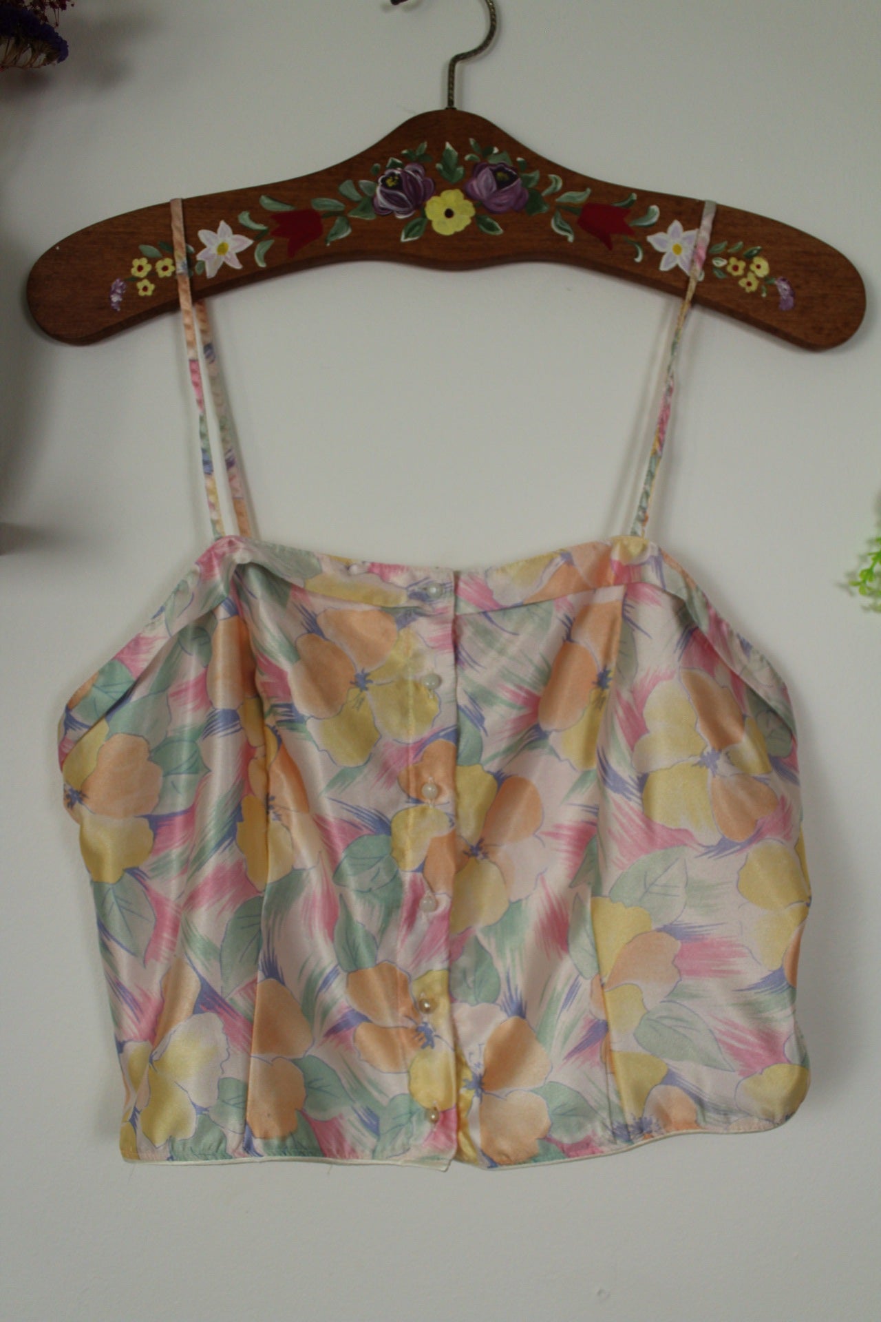 🌸🍒Top court vintage 90's bustier en satin & fleurs en aquarelle pastel - Taille 38🍒🌸